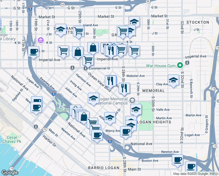 map of restaurants, bars, coffee shops, grocery stores, and more near 2156 Ocean View Boulevard in San Diego