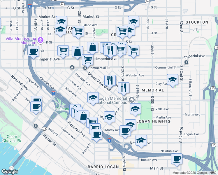 map of restaurants, bars, coffee shops, grocery stores, and more near 2152 Ocean View Boulevard in San Diego