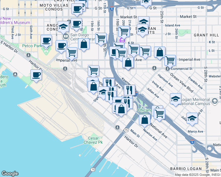 map of restaurants, bars, coffee shops, grocery stores, and more near 1728 National Avenue in San Diego