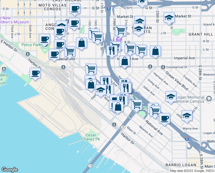 map of restaurants, bars, coffee shops, grocery stores, and more near 1728 National Avenue in San Diego