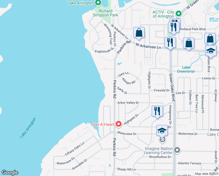 map of restaurants, bars, coffee shops, grocery stores, and more near 2600 Perkins Road in Arlington