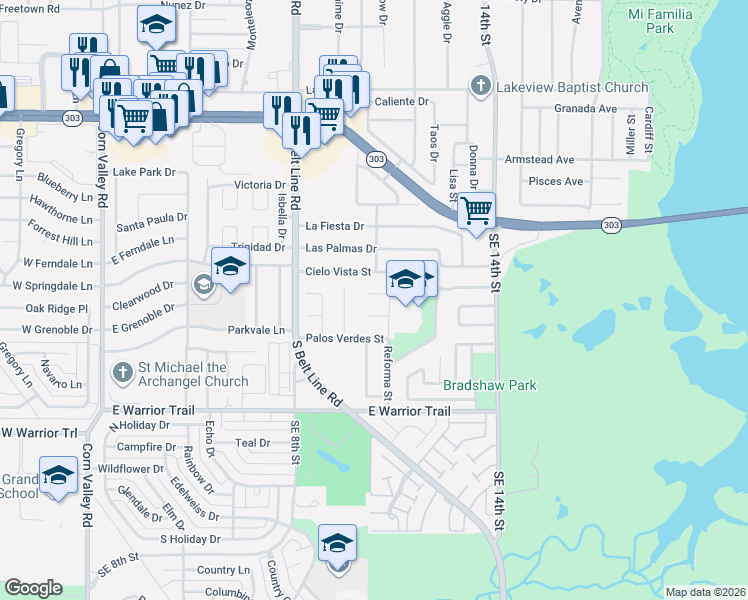 map of restaurants, bars, coffee shops, grocery stores, and more near 1001 Las Flores Court in Grand Prairie