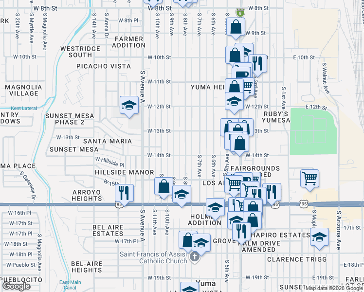 map of restaurants, bars, coffee shops, grocery stores, and more near 1326 South 8th Avenue in Yuma