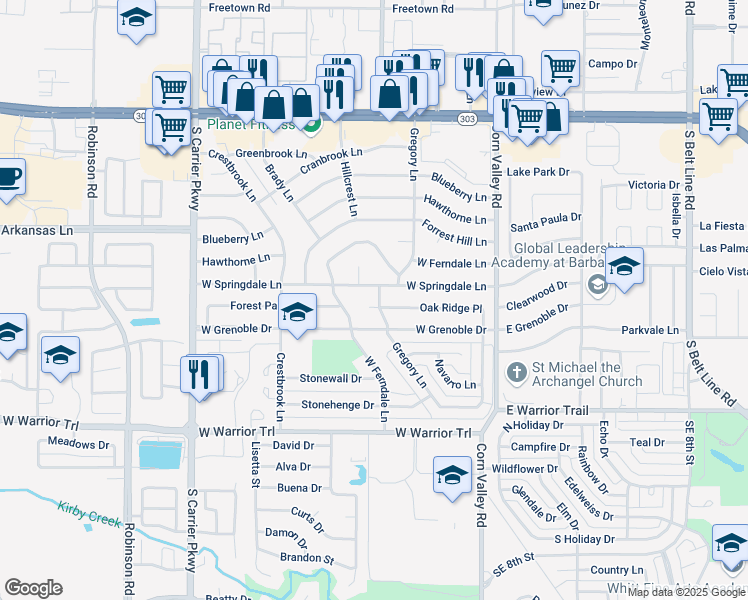 map of restaurants, bars, coffee shops, grocery stores, and more near 502 Oak Ridge Place in Grand Prairie