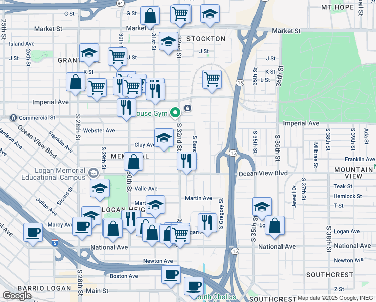 map of restaurants, bars, coffee shops, grocery stores, and more near 3227 Clay Avenue in San Diego