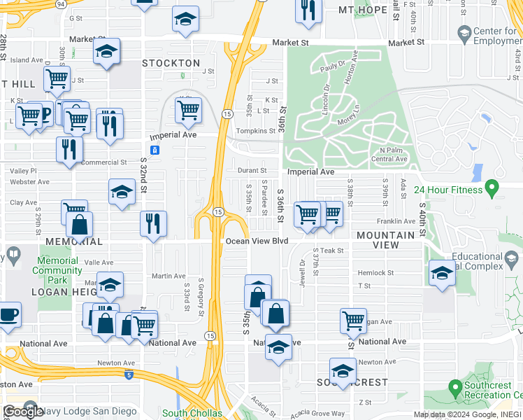 map of restaurants, bars, coffee shops, grocery stores, and more near 336 South Pardee Street in San Diego