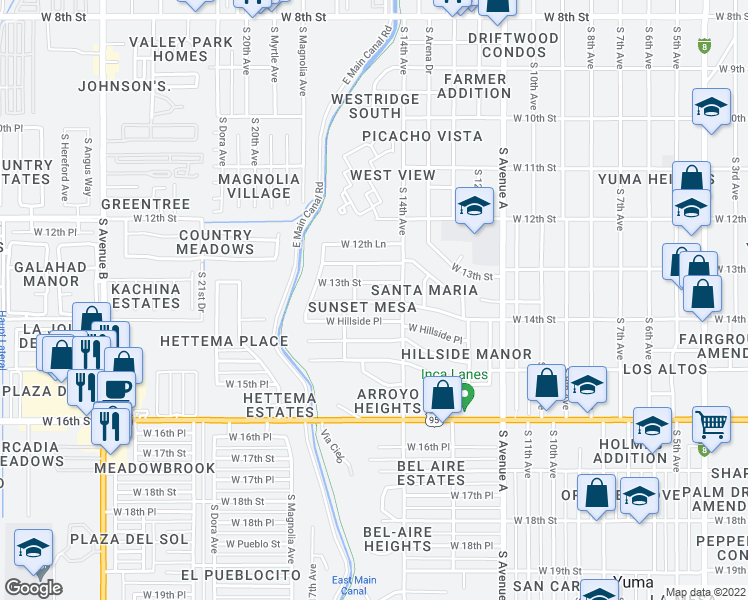 map of restaurants, bars, coffee shops, grocery stores, and more near 1518 West 14th Street in Yuma