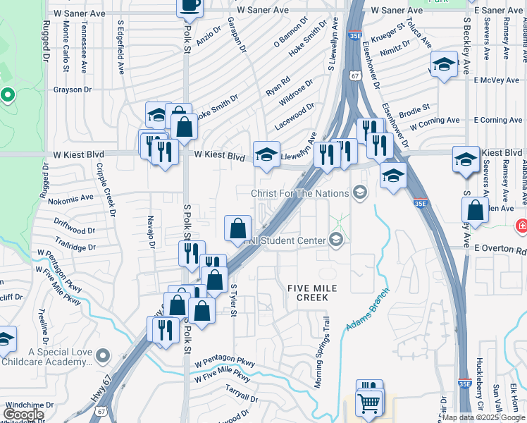 map of restaurants, bars, coffee shops, grocery stores, and more near 3423 Marvin D. Love Freeway in Dallas