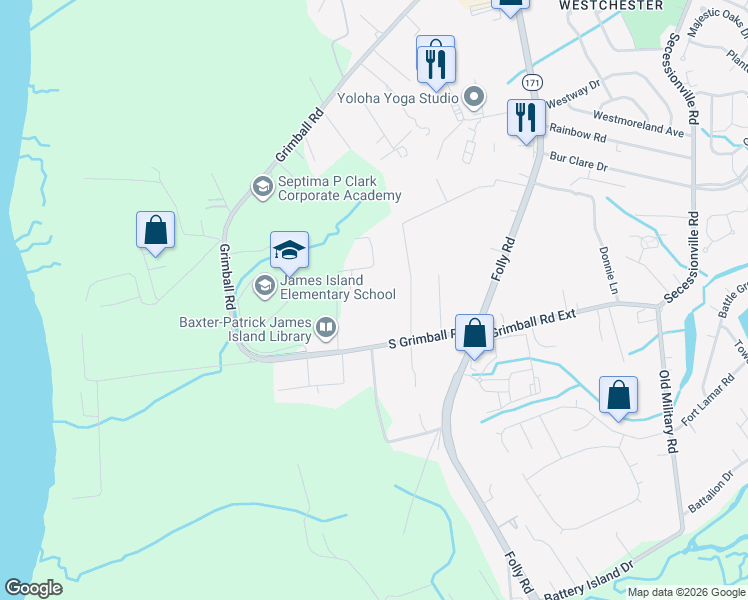 map of restaurants, bars, coffee shops, grocery stores, and more near 1615 Scott Hill Road in Charleston