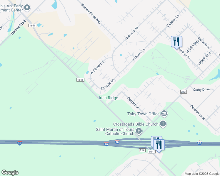 map of restaurants, bars, coffee shops, grocery stores, and more near 10267 Clover Lane in Forney