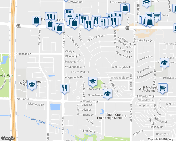 map of restaurants, bars, coffee shops, grocery stores, and more near 630 Forest Park Place in Grand Prairie