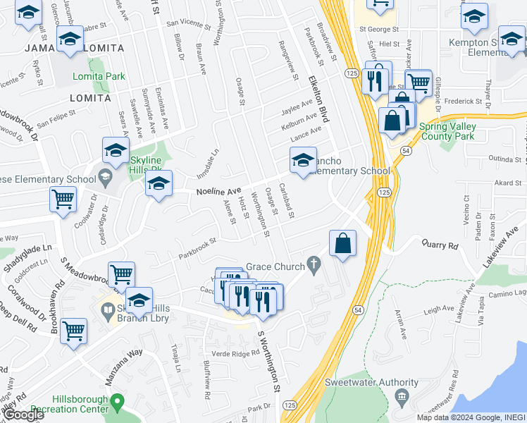 map of restaurants, bars, coffee shops, grocery stores, and more near 529 Worthington Street in Spring Valley