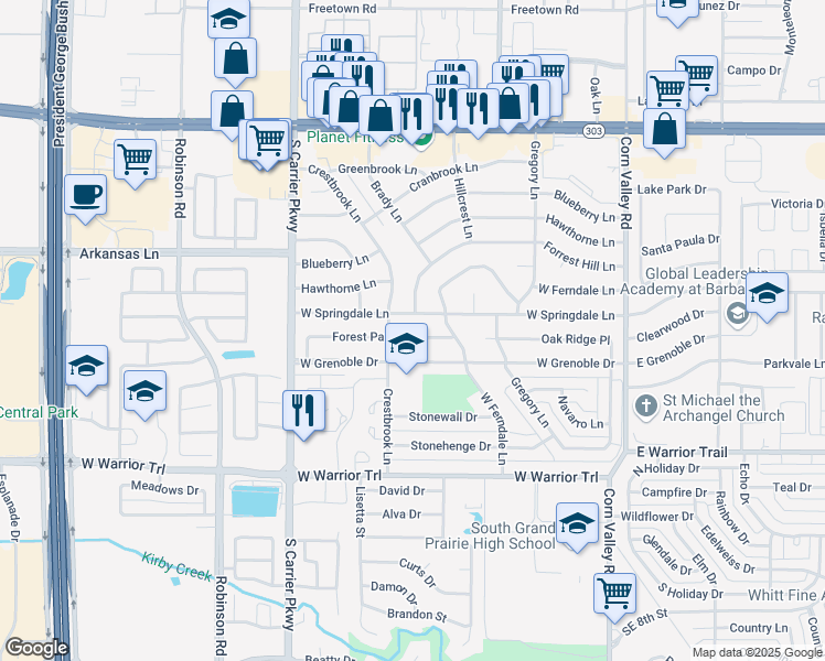 map of restaurants, bars, coffee shops, grocery stores, and more near 626 Forest Park Place in Grand Prairie
