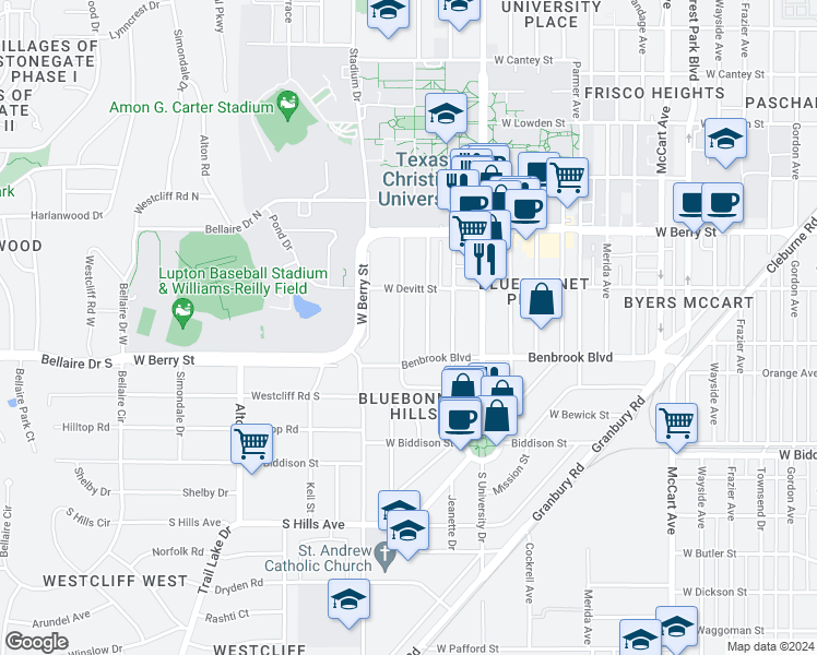 map of restaurants, bars, coffee shops, grocery stores, and more near 3235 Odessa Avenue in Fort Worth