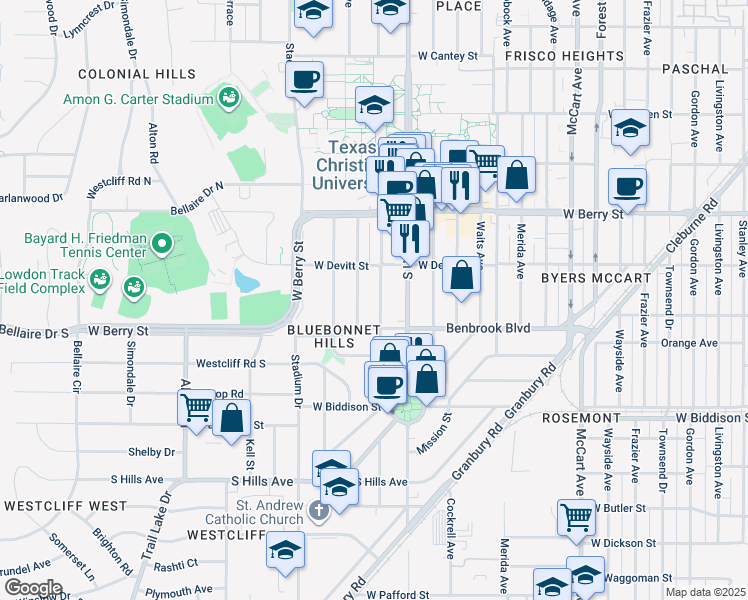 map of restaurants, bars, coffee shops, grocery stores, and more near 3228 Rogers Avenue in Fort Worth