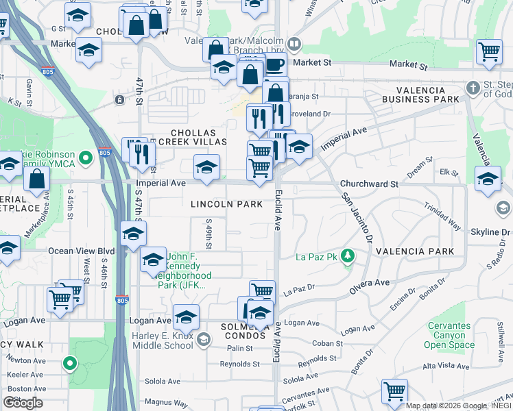 map of restaurants, bars, coffee shops, grocery stores, and more near 4999 Holly Drive in San Diego
