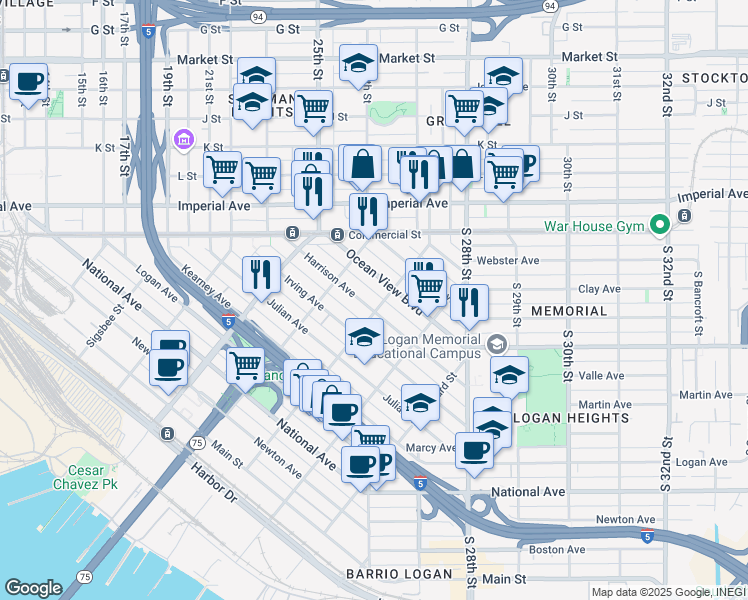 map of restaurants, bars, coffee shops, grocery stores, and more near 2086-94 Harrison Avenue in San Diego