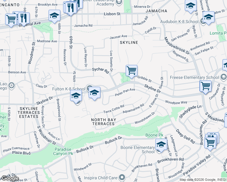 map of restaurants, bars, coffee shops, grocery stores, and more near 7171 Skyline Drive in San Diego