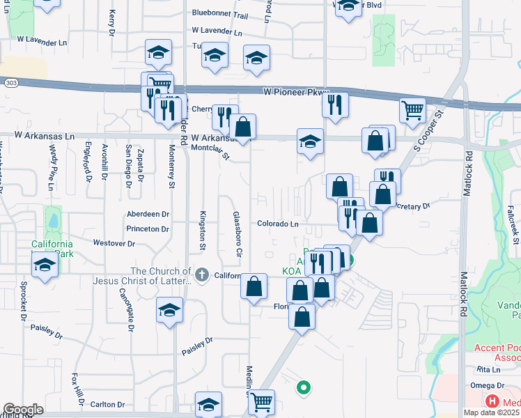 map of restaurants, bars, coffee shops, grocery stores, and more near 2511 Medlin Drive in Arlington