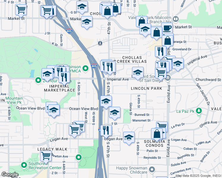 map of restaurants, bars, coffee shops, grocery stores, and more near 221 South 47th Street in San Diego