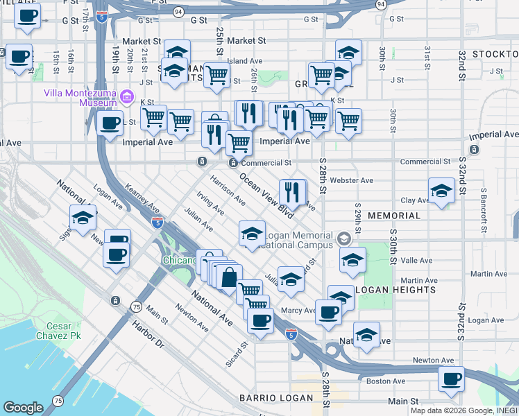 map of restaurants, bars, coffee shops, grocery stores, and more near 2086-94 Harrison Avenue in San Diego