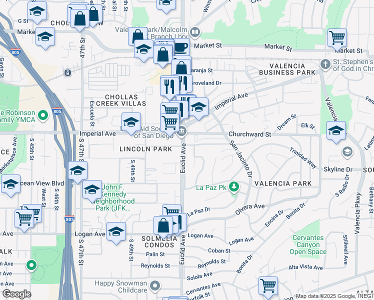 map of restaurants, bars, coffee shops, grocery stores, and more near 211 Euclid Avenue in San Diego