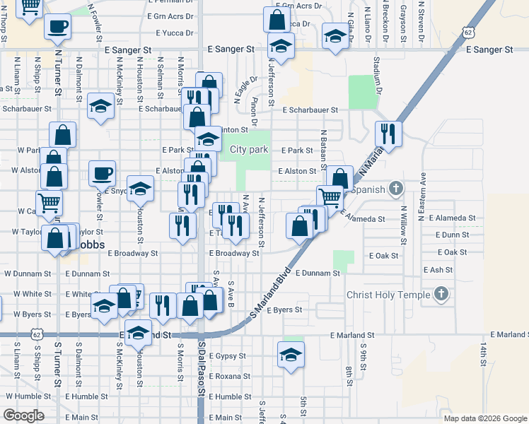 map of restaurants, bars, coffee shops, grocery stores, and more near 302 N Jefferson St in Hobbs