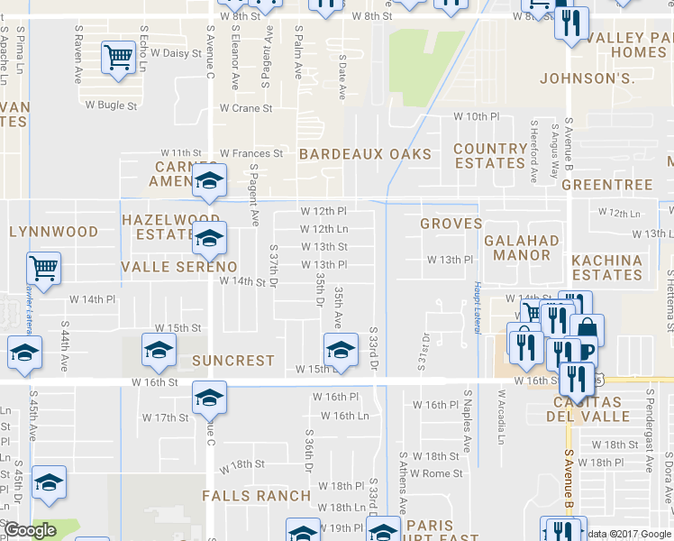 map of restaurants, bars, coffee shops, grocery stores, and more near 3511 West 13th Place in Yuma