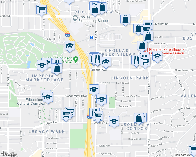 map of restaurants, bars, coffee shops, grocery stores, and more near 221 South 47th Street in San Diego