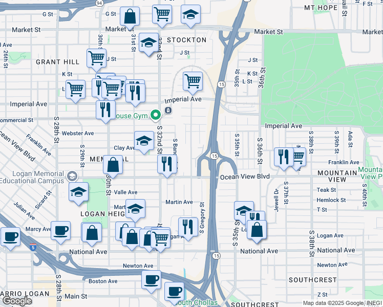 map of restaurants, bars, coffee shops, grocery stores, and more near 332 South 33rd Street in San Diego