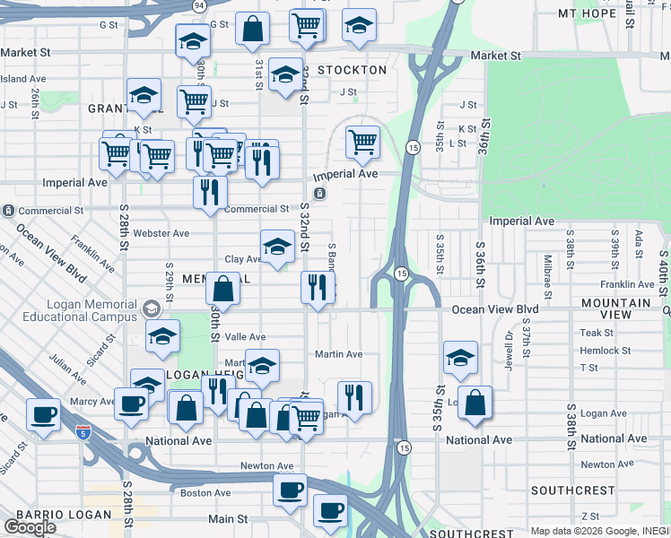 map of restaurants, bars, coffee shops, grocery stores, and more near 3227 Clay Avenue in San Diego