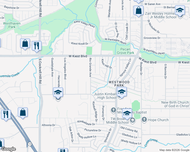 map of restaurants, bars, coffee shops, grocery stores, and more near 3737 Kiest Crest Drive in Dallas