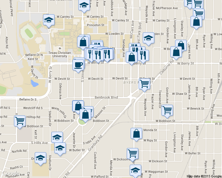 map of restaurants, bars, coffee shops, grocery stores, and more near 3228 Merida Avenue in Fort Worth