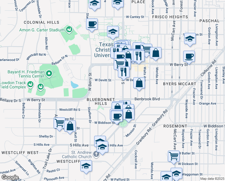 map of restaurants, bars, coffee shops, grocery stores, and more near 3228 Rogers Avenue in Fort Worth
