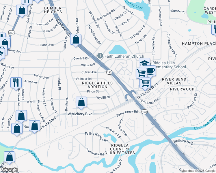 map of restaurants, bars, coffee shops, grocery stores, and more near 6912 Valhalla Road in Fort Worth