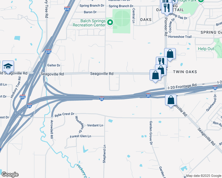 map of restaurants, bars, coffee shops, grocery stores, and more near 4916 Honeysuckle Drive in Balch Springs