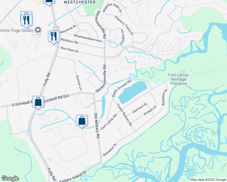 map of restaurants, bars, coffee shops, grocery stores, and more near 1336 Battle Ground Road in Charleston