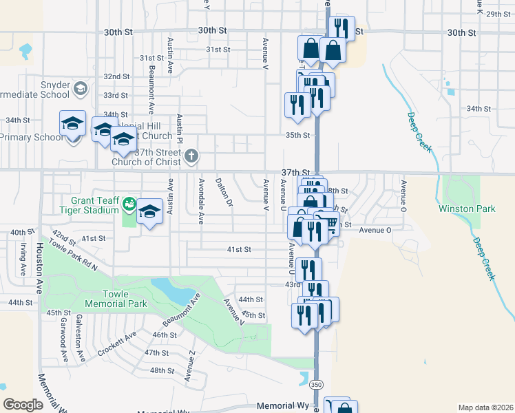 map of restaurants, bars, coffee shops, grocery stores, and more near 3773 Highland Drive in Snyder