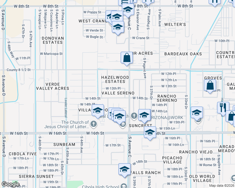 map of restaurants, bars, coffee shops, grocery stores, and more near 4114 West 13th Place in Yuma