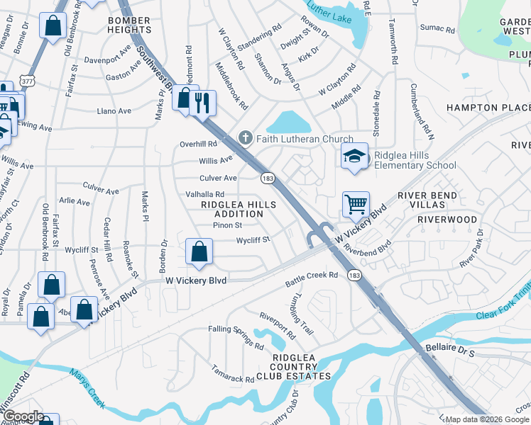 map of restaurants, bars, coffee shops, grocery stores, and more near 6912 Valhalla Road in Fort Worth