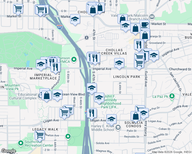 map of restaurants, bars, coffee shops, grocery stores, and more near 211 South 47th Street in San Diego