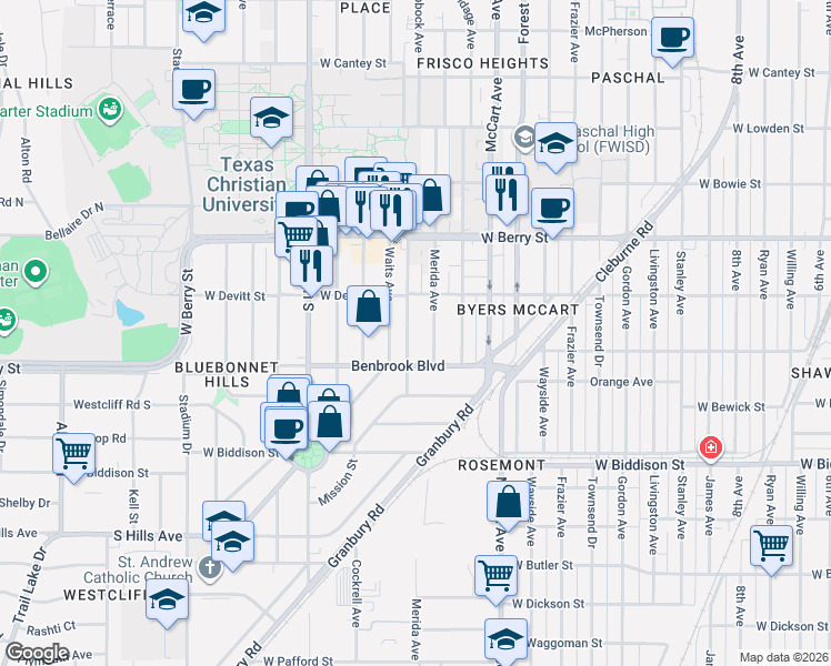 map of restaurants, bars, coffee shops, grocery stores, and more near 3228 Merida Avenue in Fort Worth