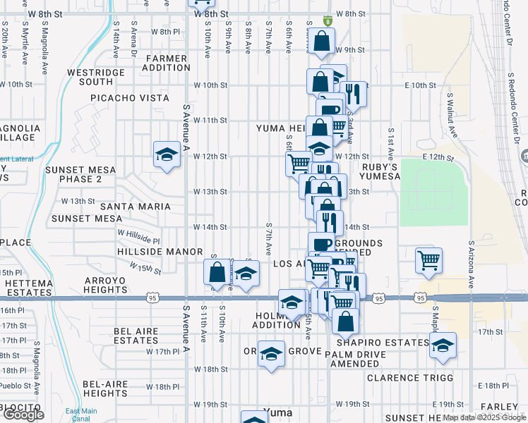 map of restaurants, bars, coffee shops, grocery stores, and more near 1320 South 7th Avenue in Yuma