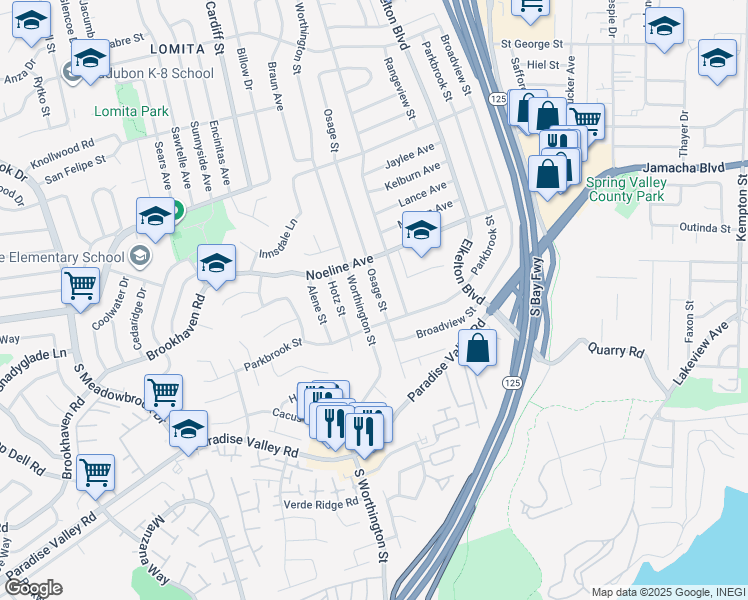 map of restaurants, bars, coffee shops, grocery stores, and more near 526 Osage Street in Spring Valley