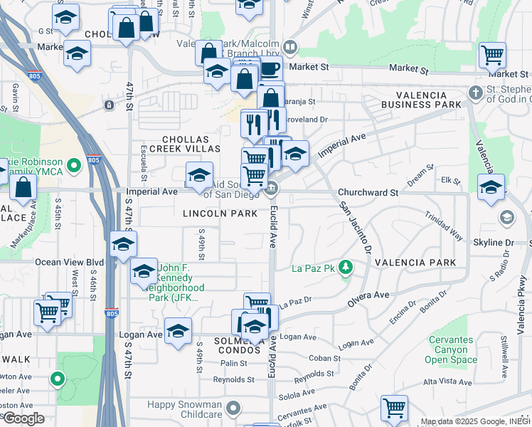map of restaurants, bars, coffee shops, grocery stores, and more near 210 Euclid Avenue in San Diego