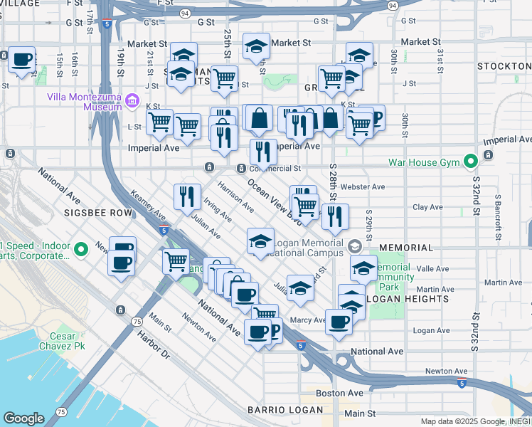 map of restaurants, bars, coffee shops, grocery stores, and more near 2068 Harrison Avenue in San Diego