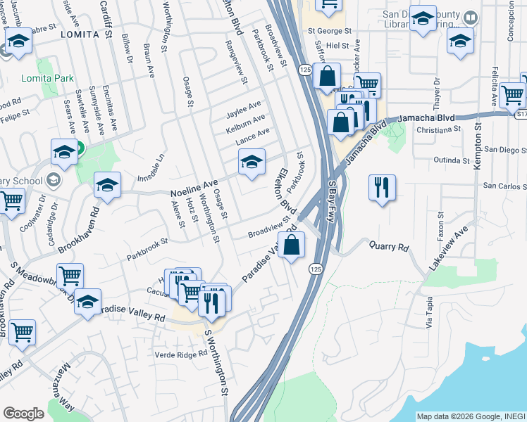 map of restaurants, bars, coffee shops, grocery stores, and more near 454 Parkbrook Street in Spring Valley