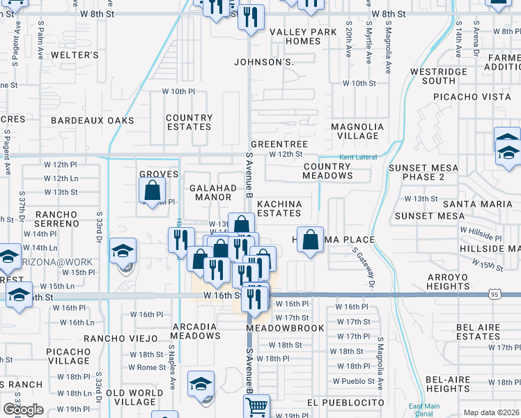 map of restaurants, bars, coffee shops, grocery stores, and more near 1355 South 24th Drive in Yuma