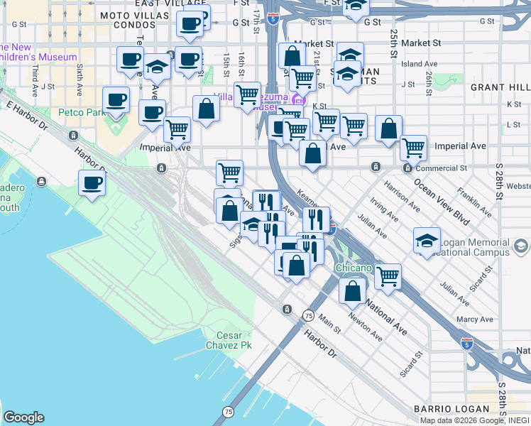map of restaurants, bars, coffee shops, grocery stores, and more near in San Diego