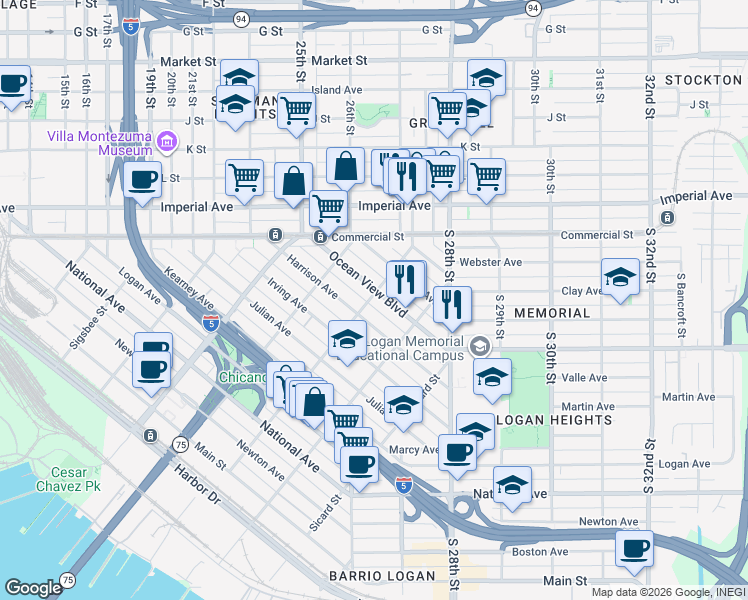 map of restaurants, bars, coffee shops, grocery stores, and more near 2156 Ocean View Boulevard in San Diego